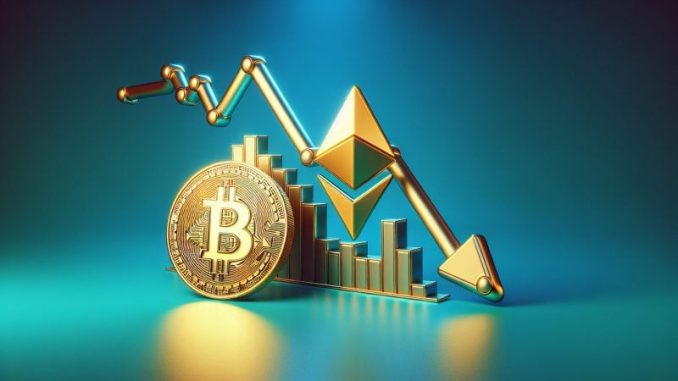 Bitcoin and Ether price symbols falling down graph showing economic decline amid stagflation fears