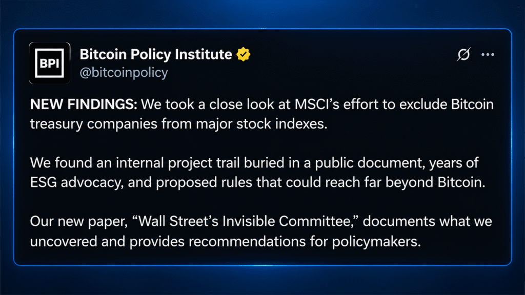 MSCI Rule Puts Strategy at Risk, Says Bitcoin Policy Institute Paper